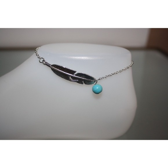 Silver and Turquoise Feather Ankle Bracelet Zinc Alloy Anklet Fashion Jewelry - Picture 2 of 4